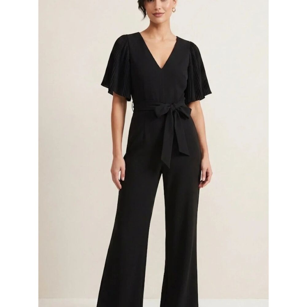 Eliza J wide leg pleated sleeve v neck jumpsuit black size 12